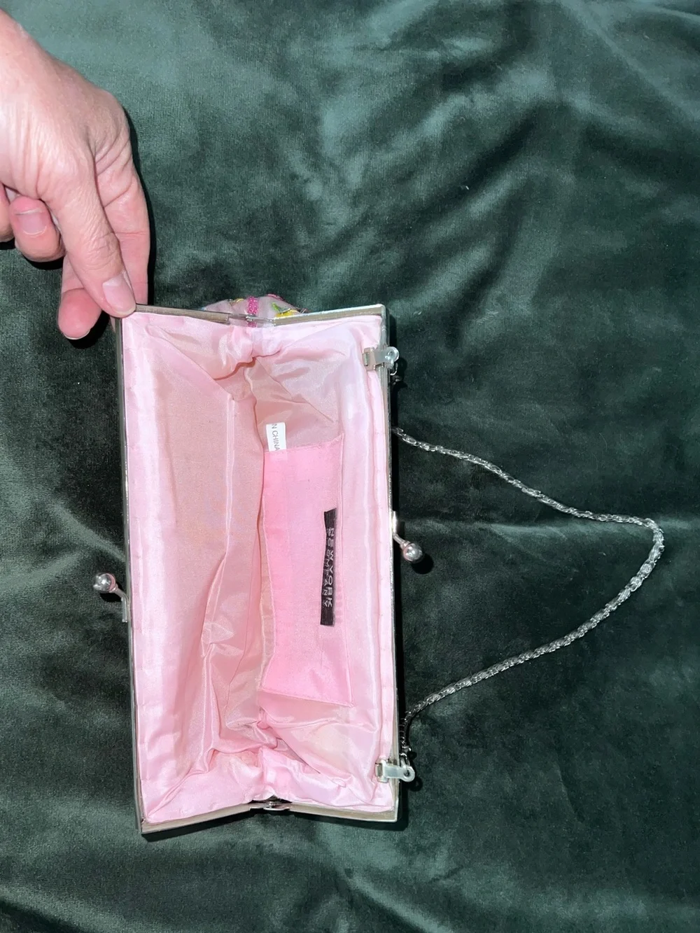 Vintage NY&Co Embroidered Pink Floral Evening Clutch with Chain Strap